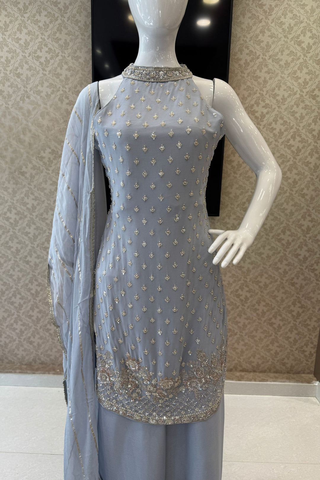 Sea Blue Zari, Sequins and Beads work Palazzo Salwar Suit