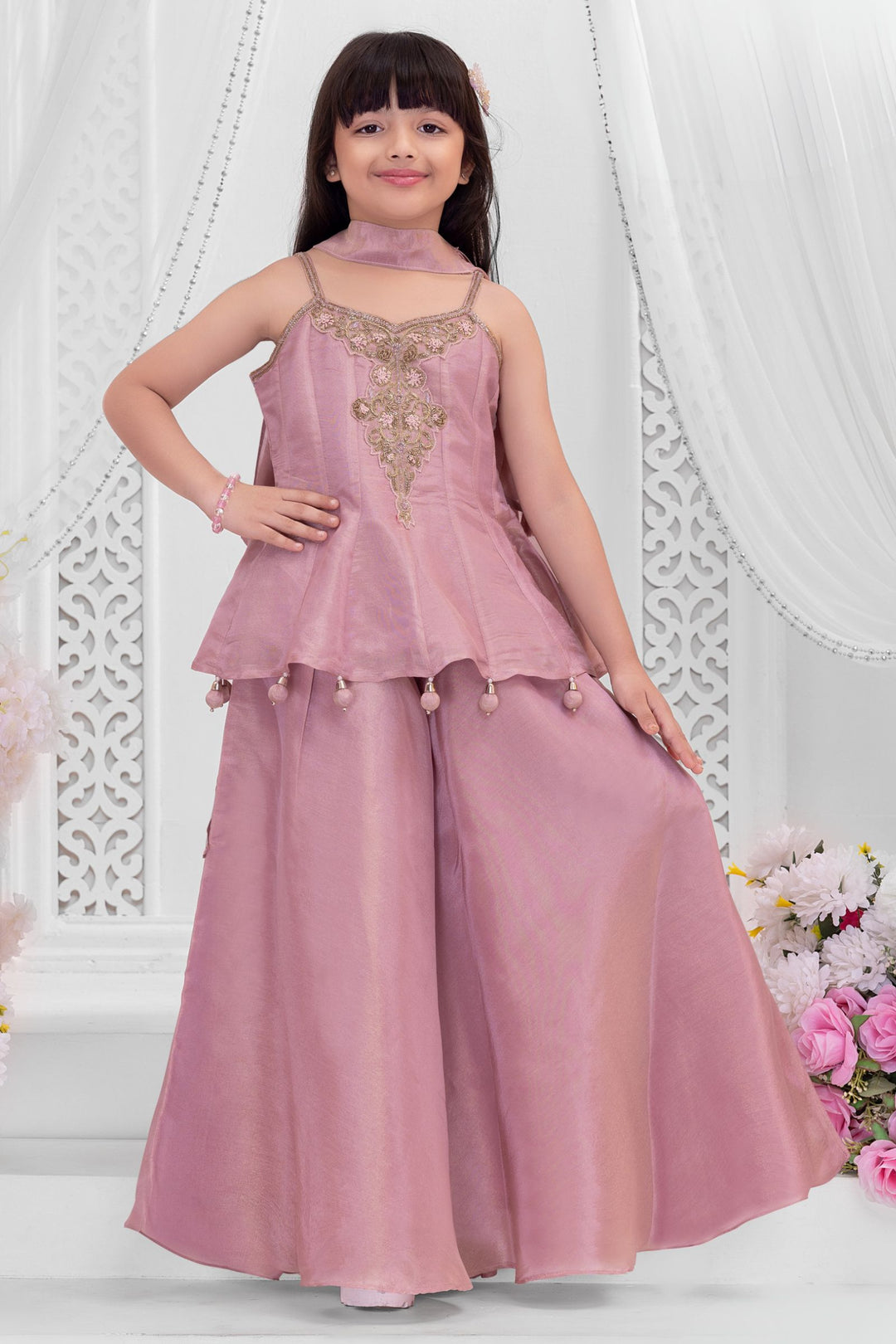 Girls Peach Zardozi, Beads and Zari work Peplum Palazzo Set