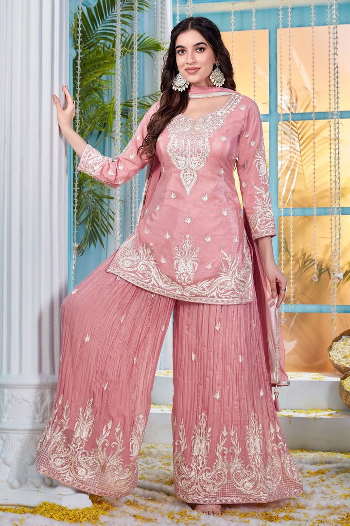 Onion Pink Zari, Thread, Sequins, Stone and Mirror work Palazzo Salwar Suit