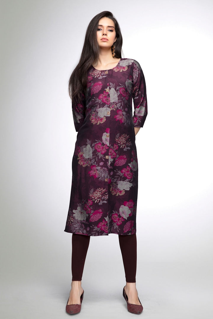 Wine Floral Print Calf Length Kurti