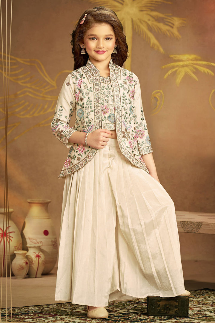 Cream Multicolor Thread, Zari and Sequins work Jacket Styled Palazzo Suit Set for Girls
