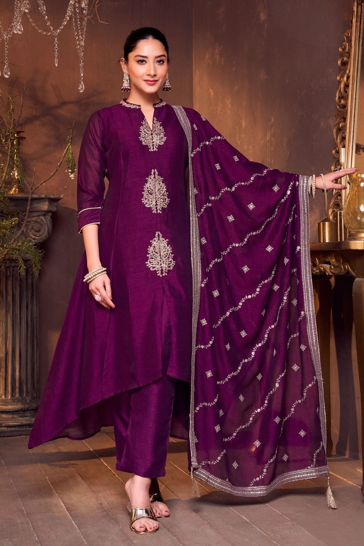 Wine Beads and Sequins work A-line Cut Salwar Suit