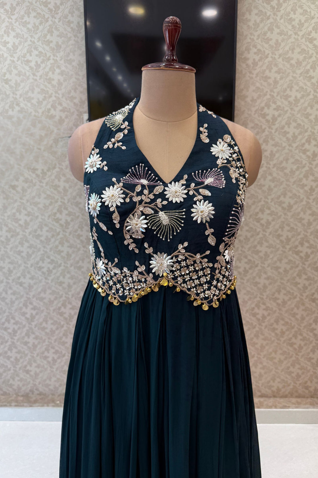 Peacock Green Beads and Zari work Halter Neck Floor Length Anarkali Suit