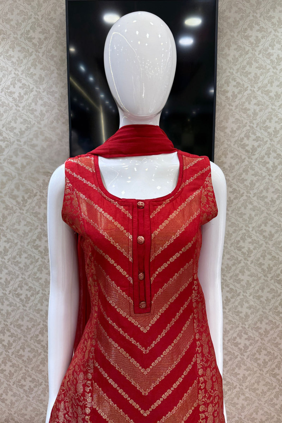 Red Banaras work Straight Cut Salwar Suit
