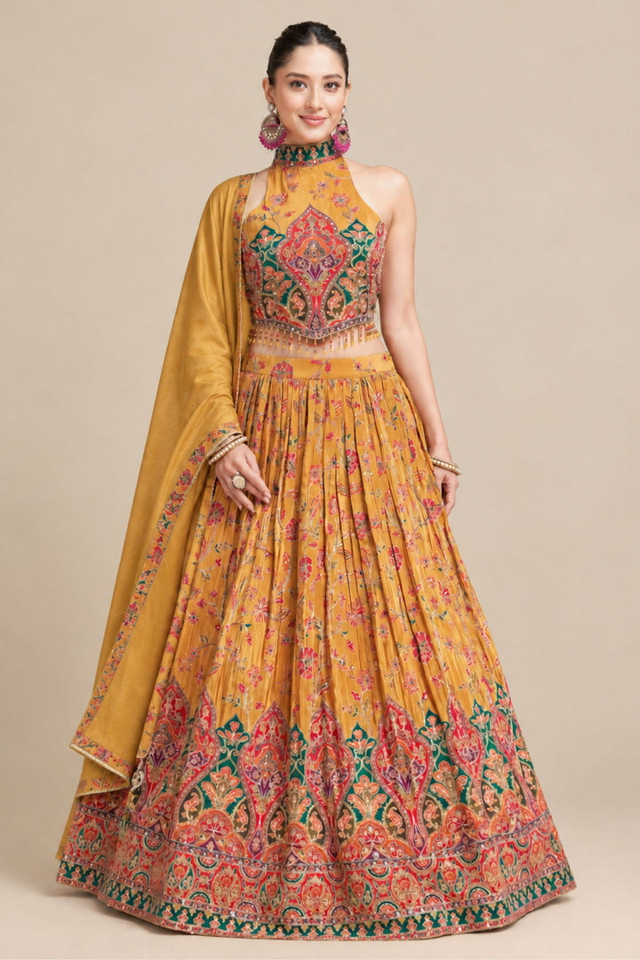 Mustard Stone, Mirror and Zari work with Floral Print Halter Neck Lehenga Set