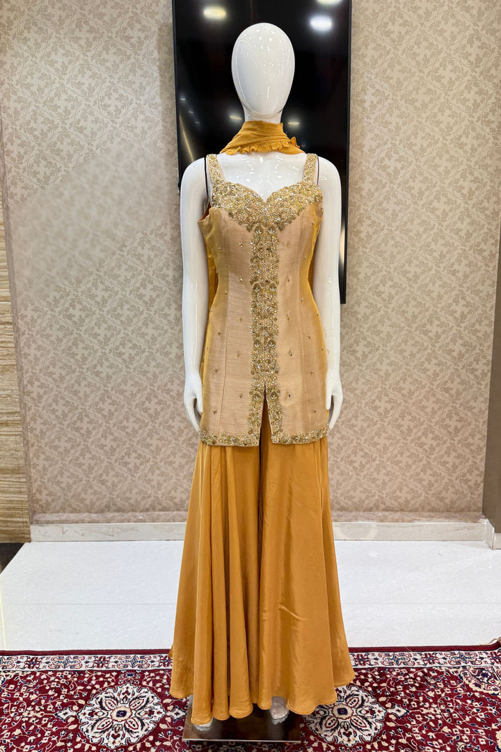 Mustard Beads, Zardozi, Stone and Mirror work Palazzo Salwar Suit