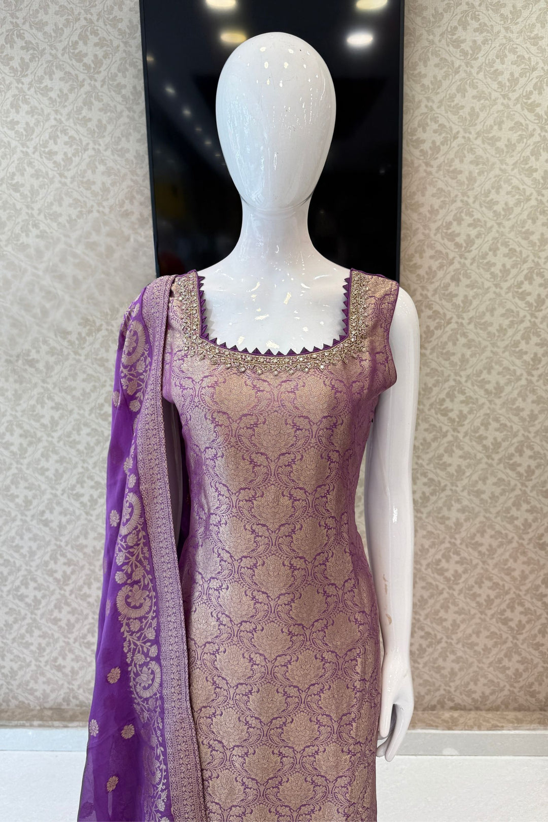 Lavender Beads, Mirror, Stone, Banaras and Brocade work Straight Cut Salwar Suit