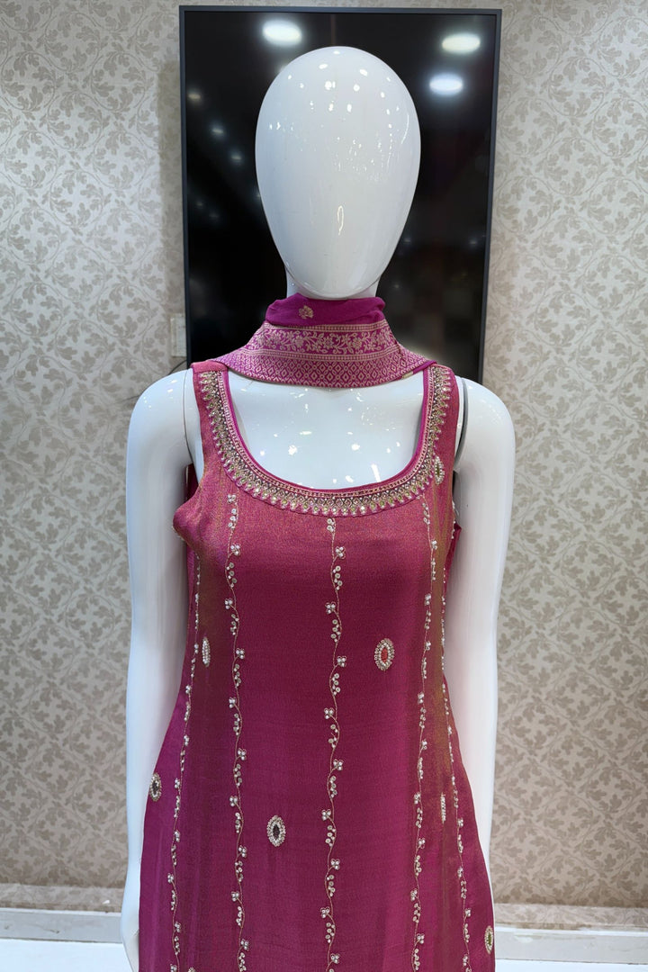 Magenta Pink Beads, Zardozi, Mirror, Pearl, Zari and Sequins work Straight Cut Salwar Suit
