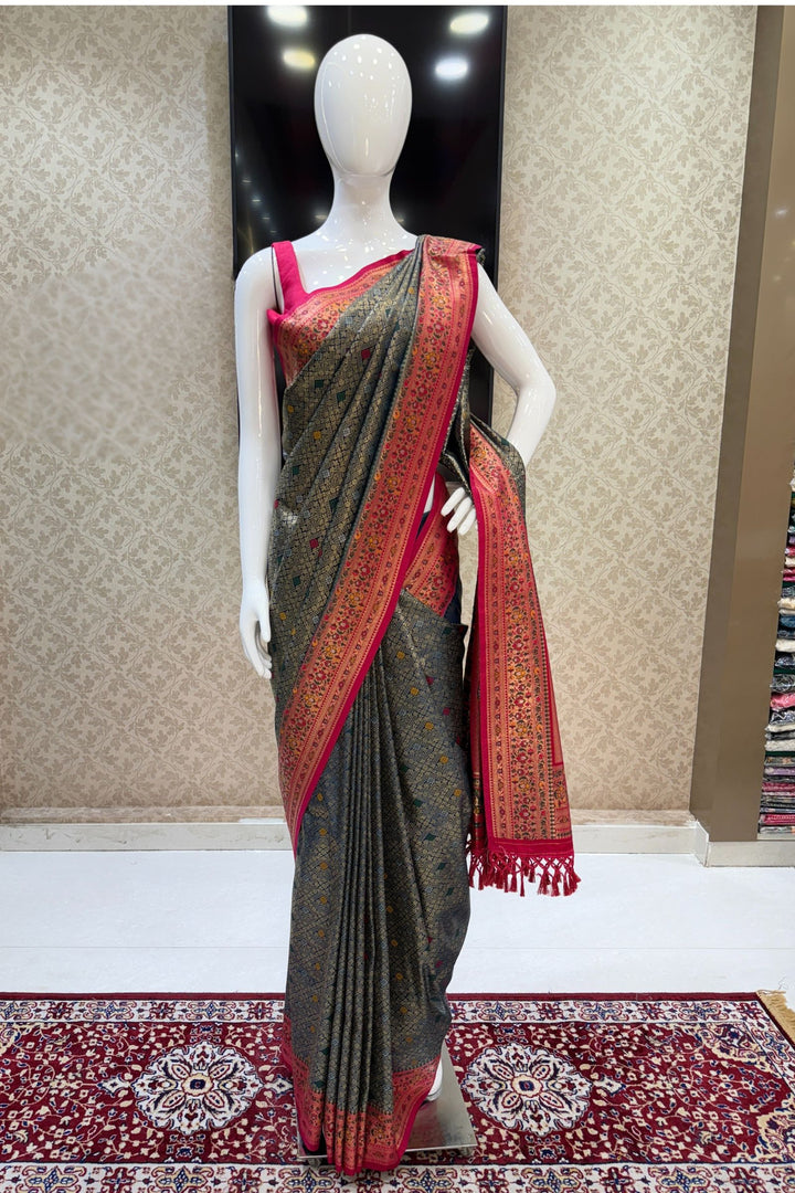 Peacock Blue with Rani Pink Banaras work Saree
