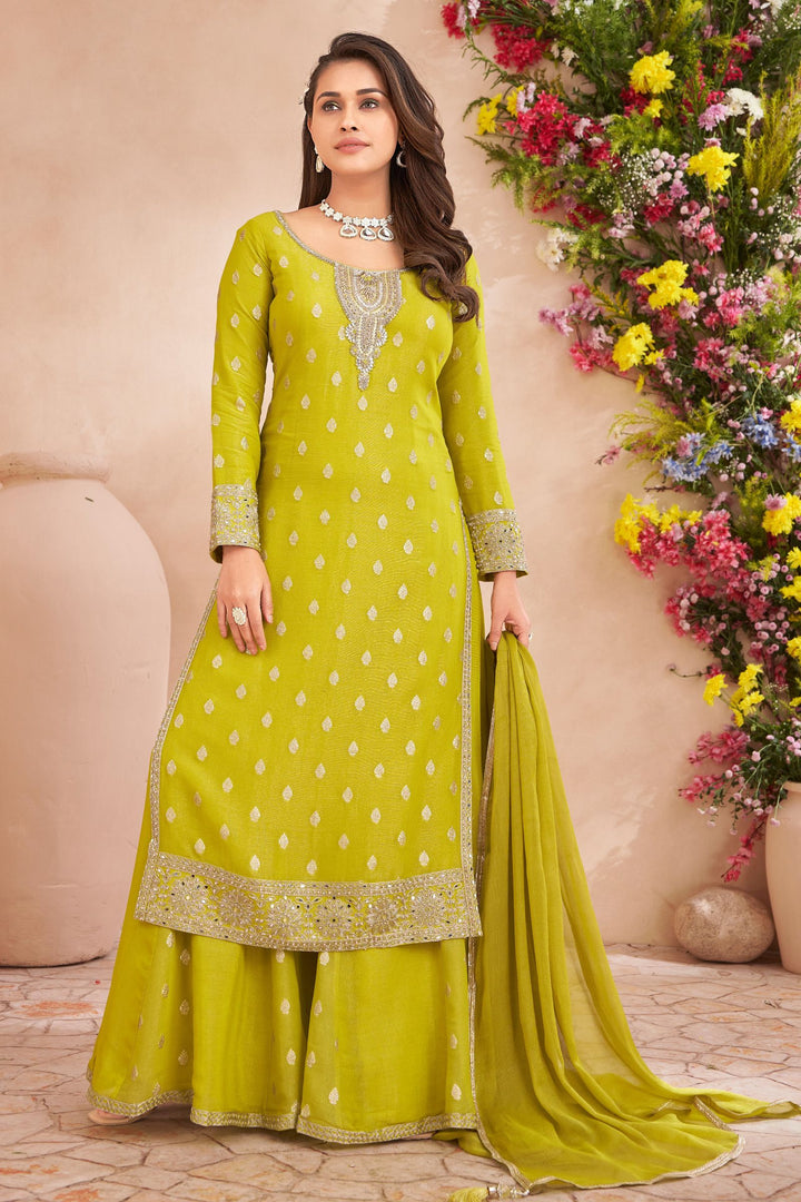 Liril Green Zari, Pearls, Stone, Zardozi and Mirror work Palazzo Salwar Suit
