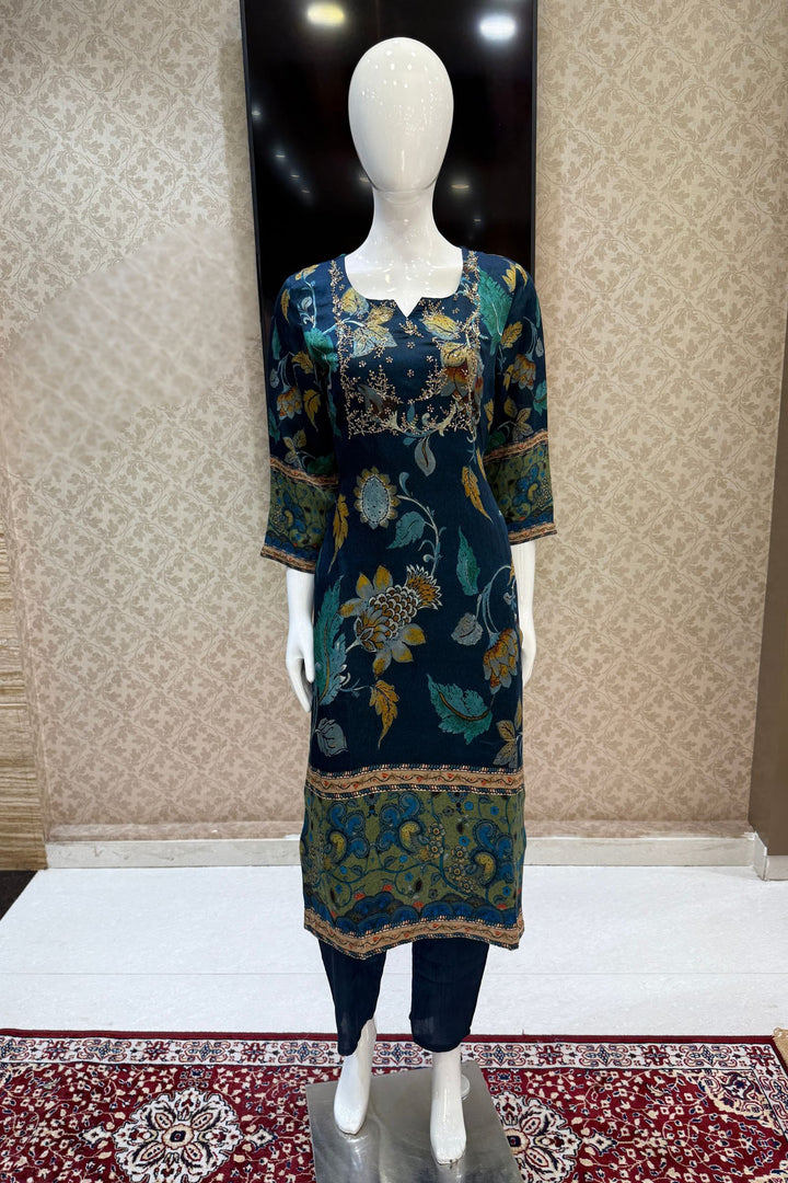 Peacock Blue Sequins, Zardozi and Beads work with Digital Print Straight Cut Salwar Suit
