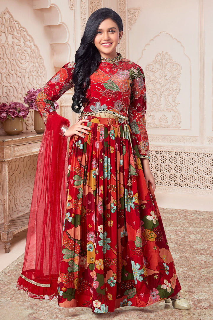 Red Sequins, Zari, Beads and Mirror work with Floral Print Lehenga Choli for Girls