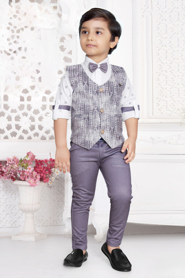White with Light Purple Printed Waist Coat, Shirt and Suspender Style Pant Set for Boys