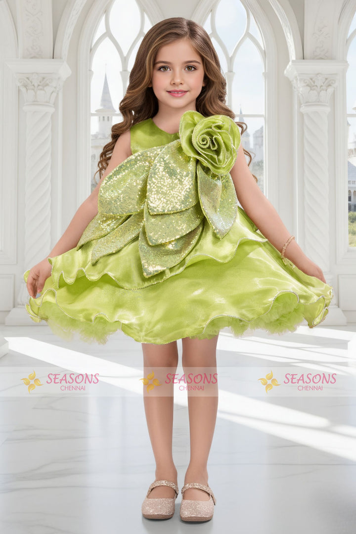 Parrot Green Sequins work Short Partywear Short Frock for Girls