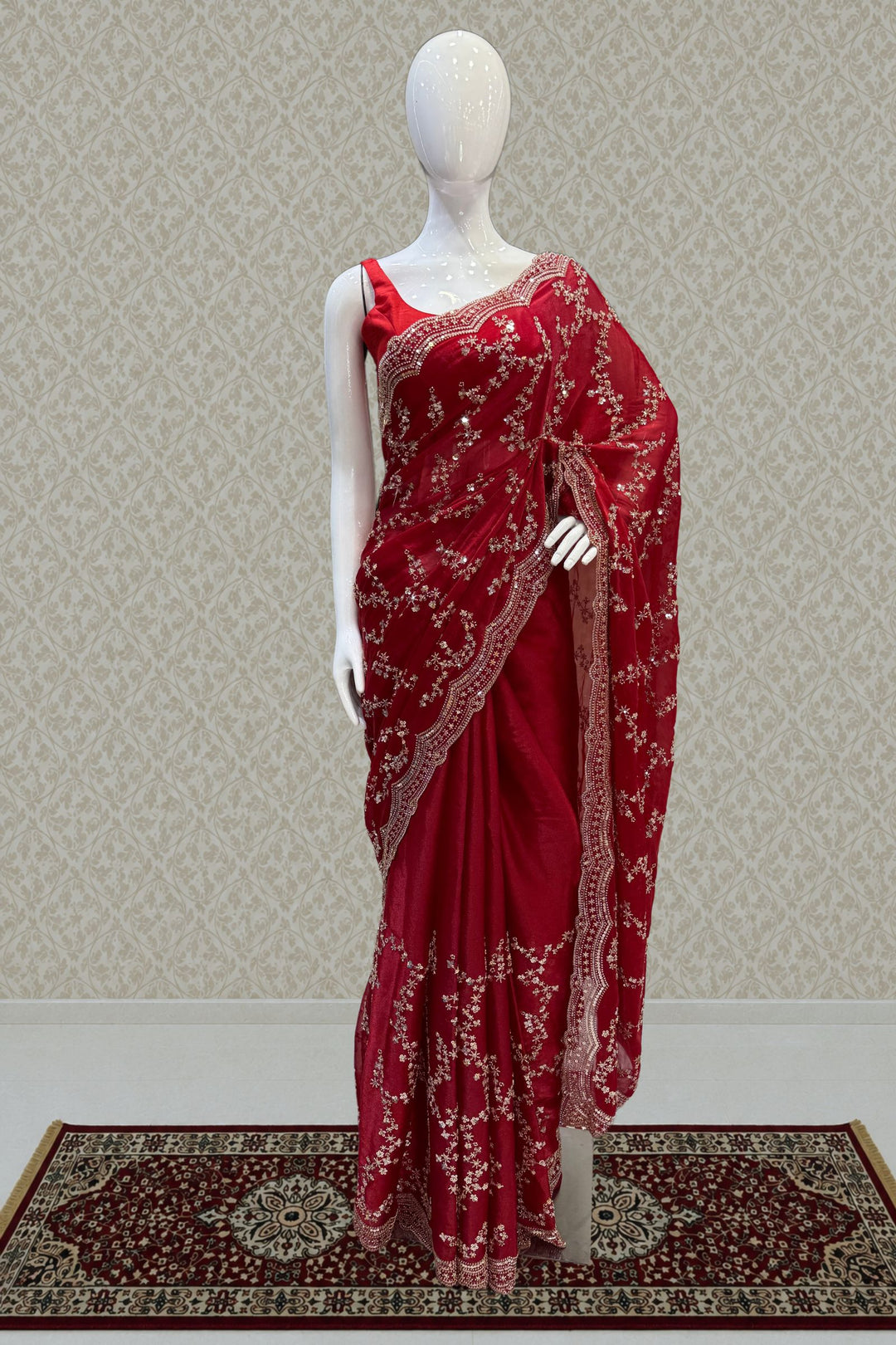 Red Saree with Intricate Zari, Sequin and Beads work