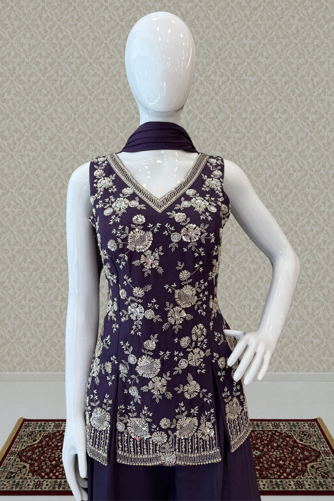 Purple Beads, Zari and Sequins work Palazzo Salwar Suit
