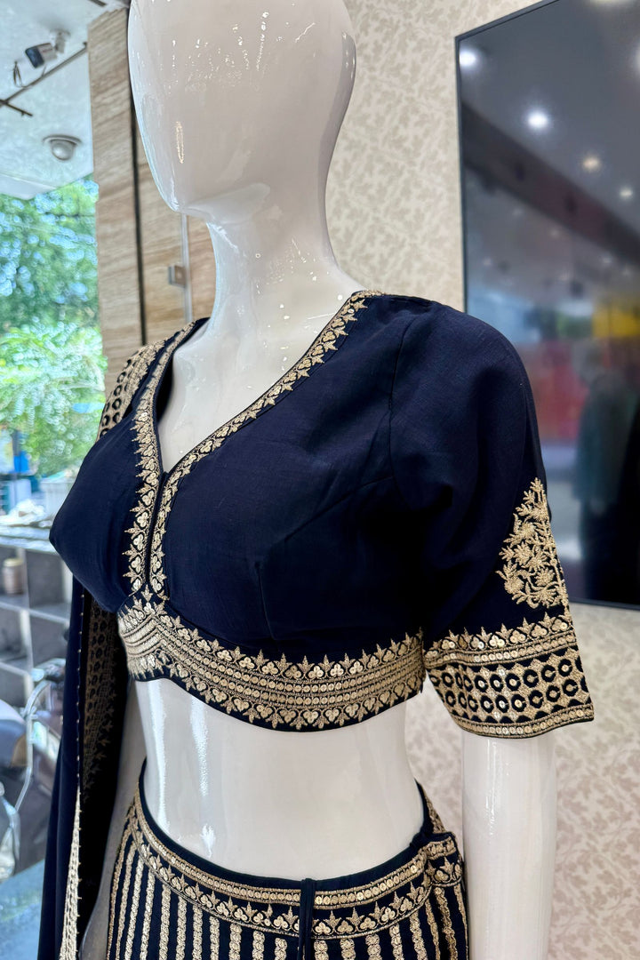 Navy Blue Sequins and Zari work Crop Top Lehenga