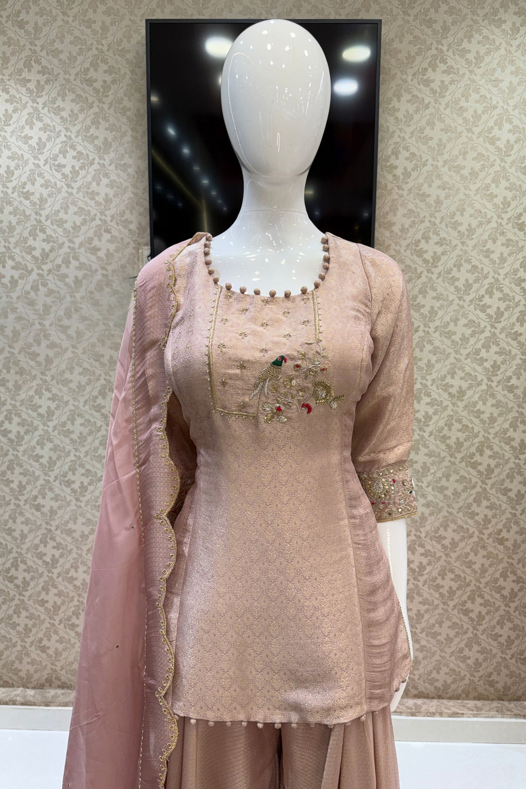 Onion Pink Brocade, Zardozi, Sequins and Thread work Palazzo Salwar Suit