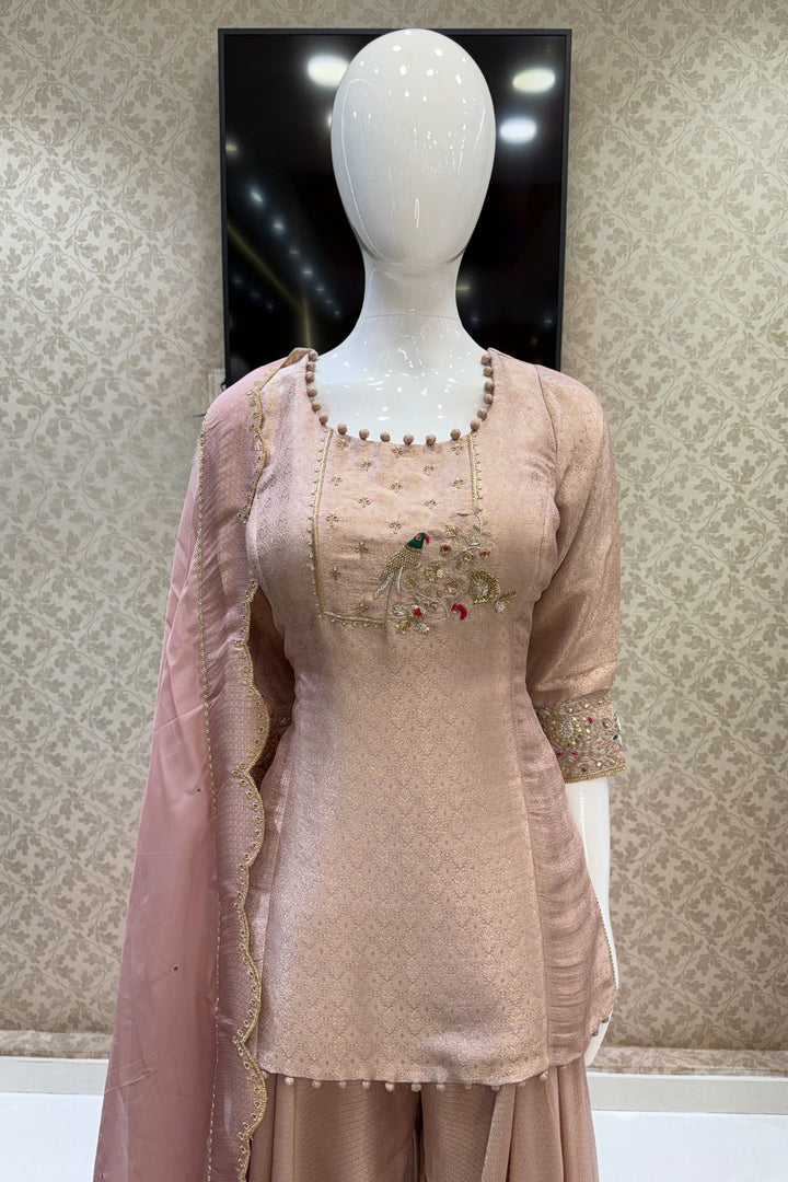 Onion Pink Brocade, Zardozi, Sequins and Thread work Palazzo Salwar Suit