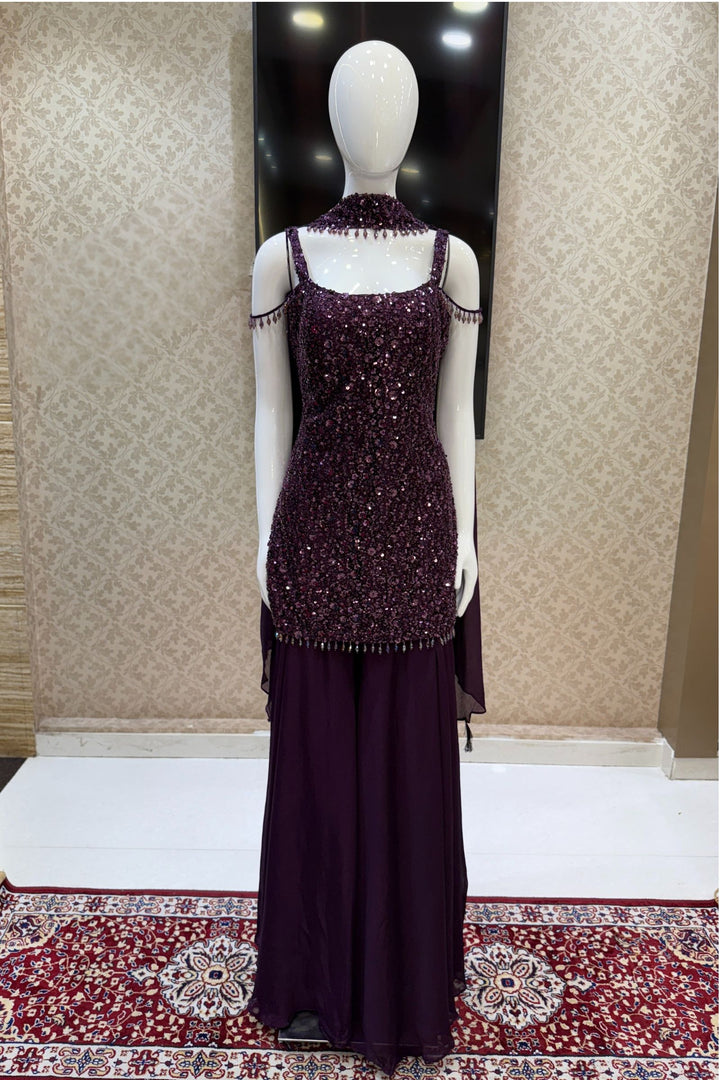 Wine Beads and Sequins work Palazzo Salwar Suit