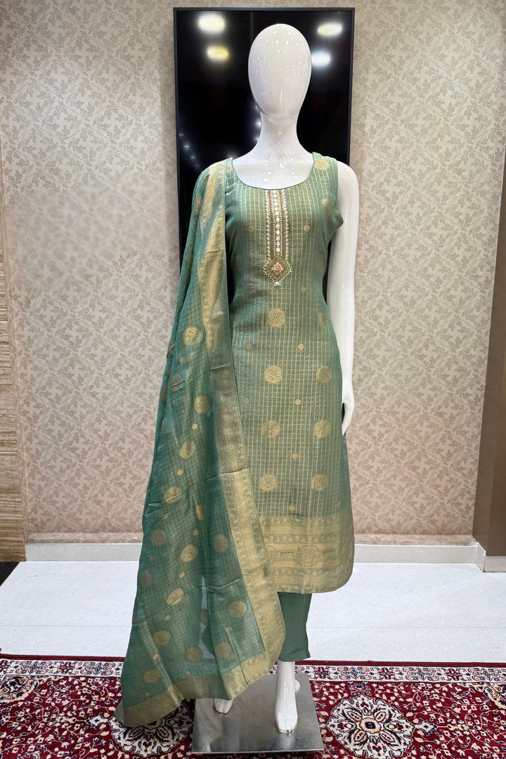 Sea Green Banaras, Beads, Pearl, Zardozi, Thread and Mirror work Straight Cut Salwar Suit
