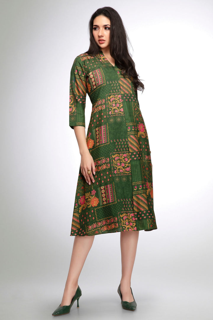 Green Beads, Stone and Sequins work with Multicolor Digital Print A-line Cut Calf Length Kurti