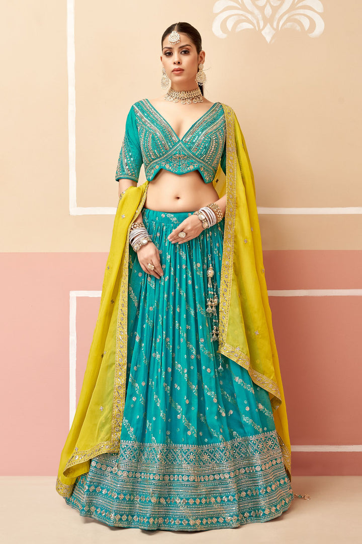 Rama Blue Sequins, Mirror, Zari, Thread and Banaras work Crop Top Lehenga