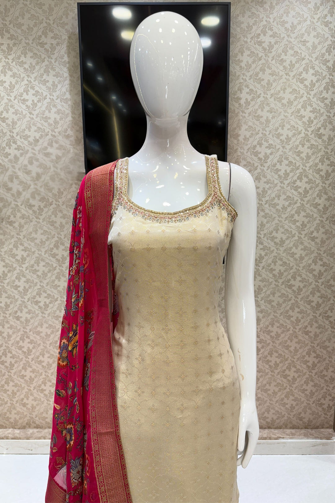 Cream Stone, Zardozi, Beads and Banaras work Straight Cut Salwar Suit
