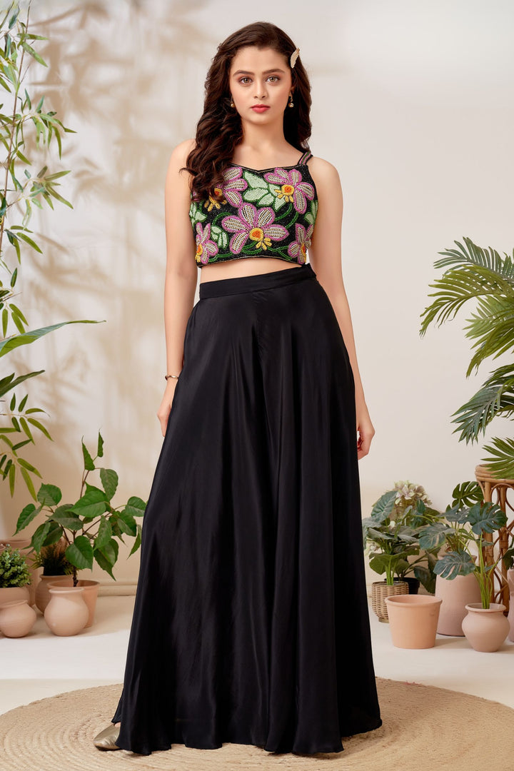 Black Multicolor Beads work Palazzo Suit Set for Girls