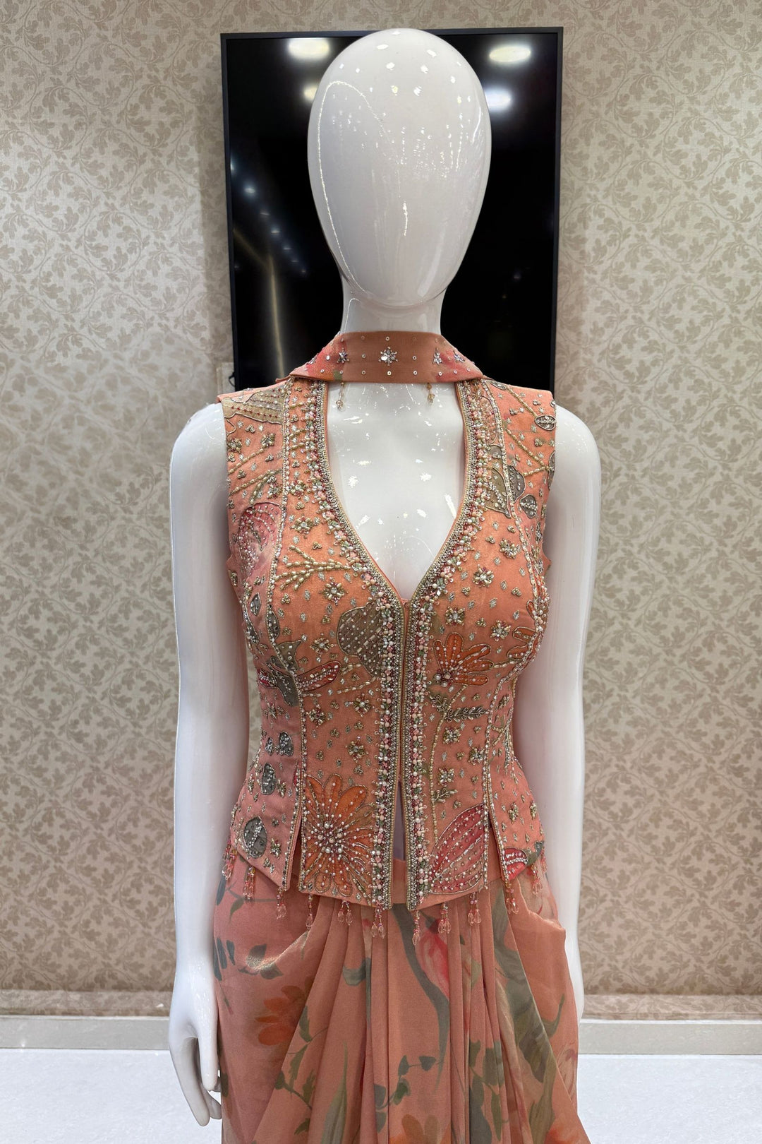 Peach Indo-Western Styled Halter Neck Top and Cowl Skirt