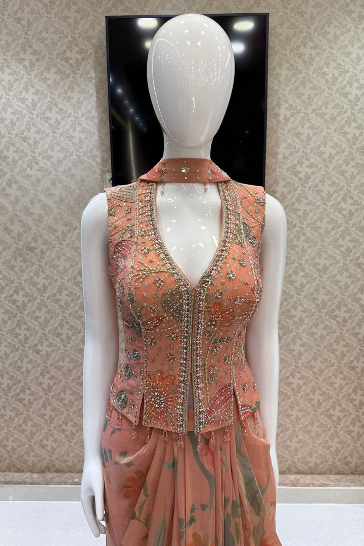 Peach Indo-Western Styled Halter Neck Top and Cowl Skirt