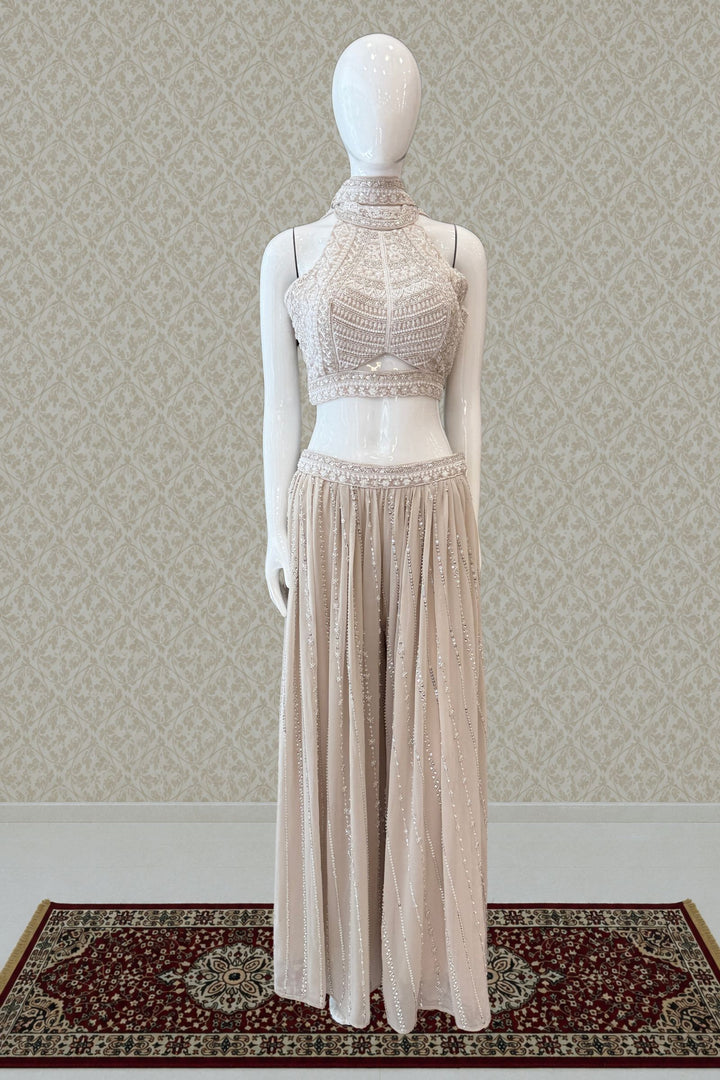 Beige Beads, Sequins and Thread work Halter Neck Palazzo Set