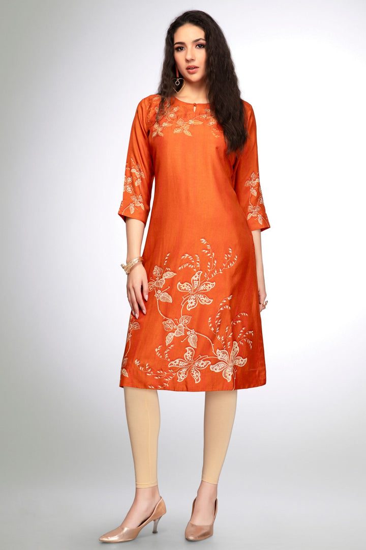 Orange Embroidery, Mirror and Zari work with Floral Print Calf Length Kurti