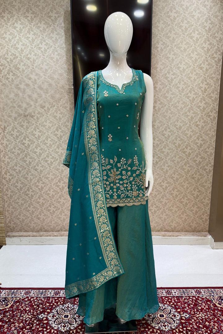Rama Green Beads, Sequins and Zari work Palazzo Salwar Suit