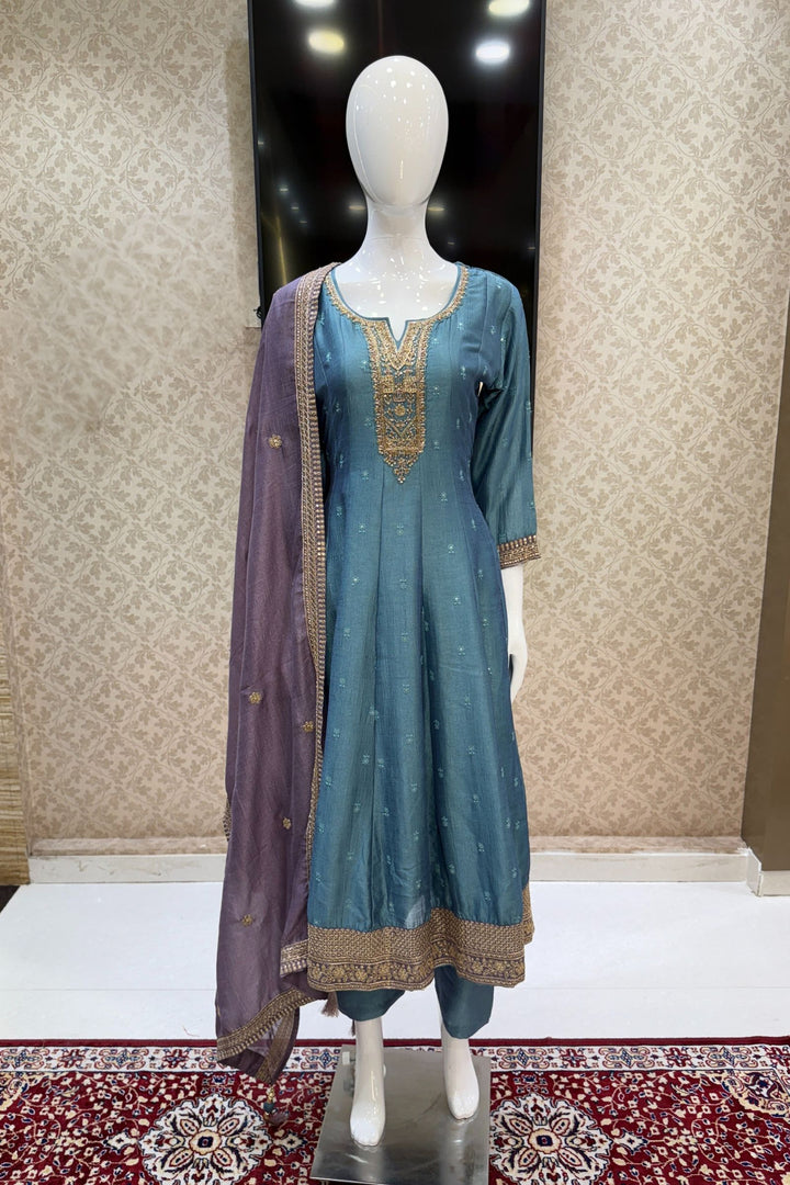 Greenish Blue Beads, Zardozi, Thread, Sequins, Stone and Zari work A-line Cut Salwar Suit