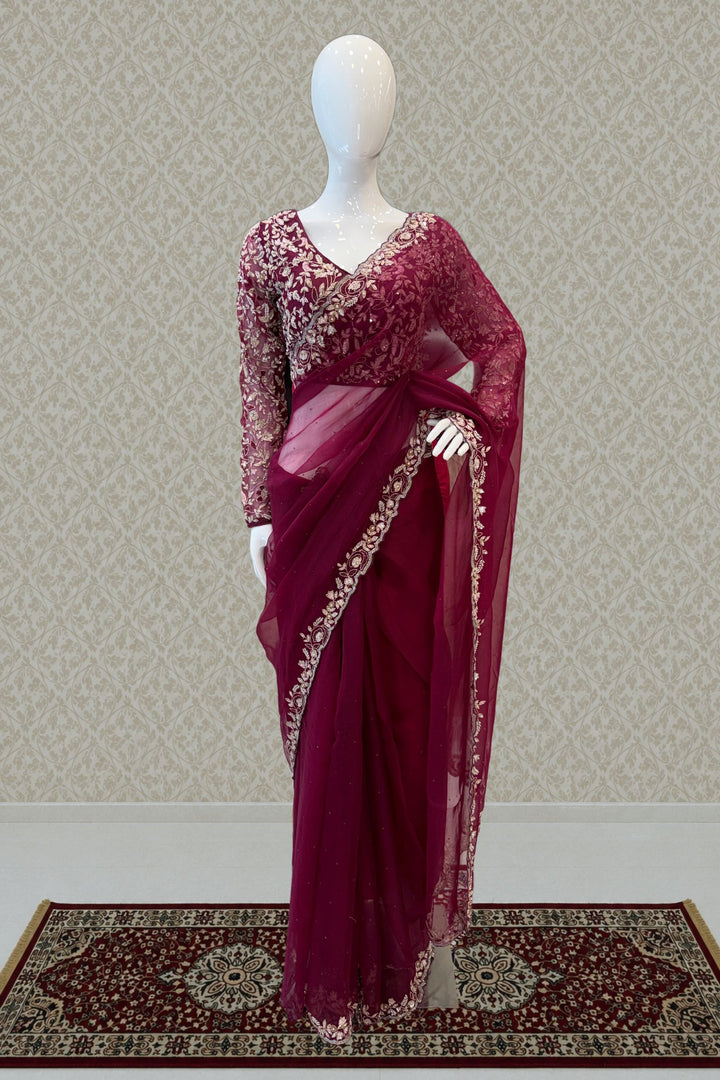 Wine Sequins, Beads, Stone and Pearl work Organza Saree with Designer V-Neck Blouse