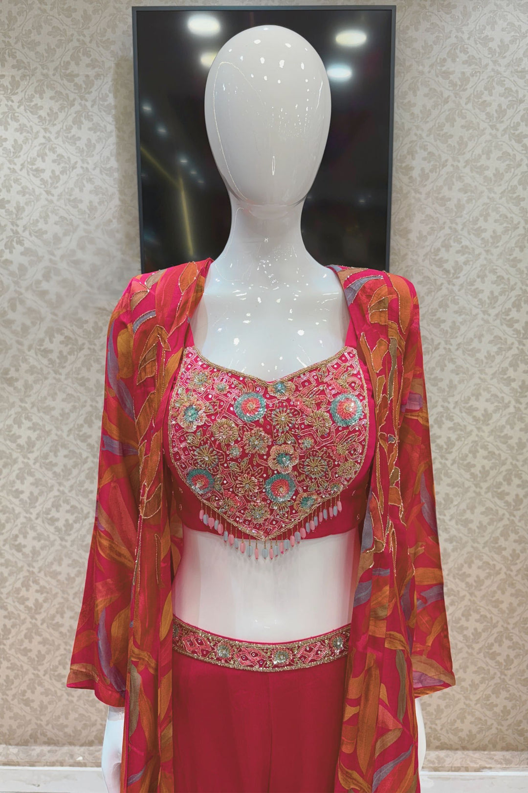 Rani Pink with Multicolor Digital Print Overcoat Styled Palazzo Suit Set