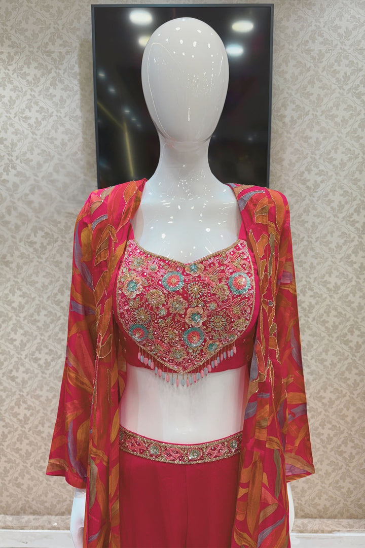 Rani Pink with Multicolor Digital Print Overcoat Styled Palazzo Suit Set