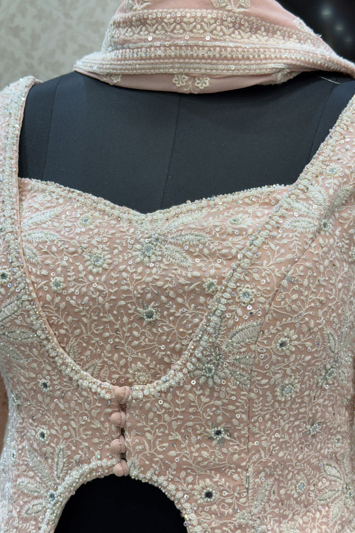 Peach Lucknowi, Sequins, Mirror, Beads and Zari work Crop Top Lehenga