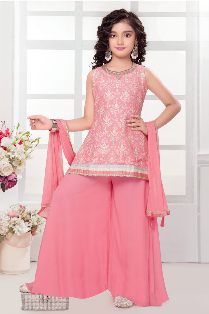 Pink Multicolor Thread, Stone, Mirror and Zardozi work Palazzo Suit Set for Girls