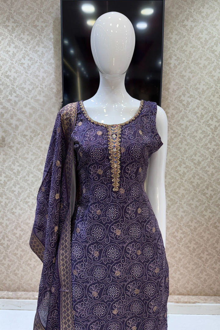 Purple Zari Weaving and Banaras work with Bandini Print Straight Cut Salwar Suit