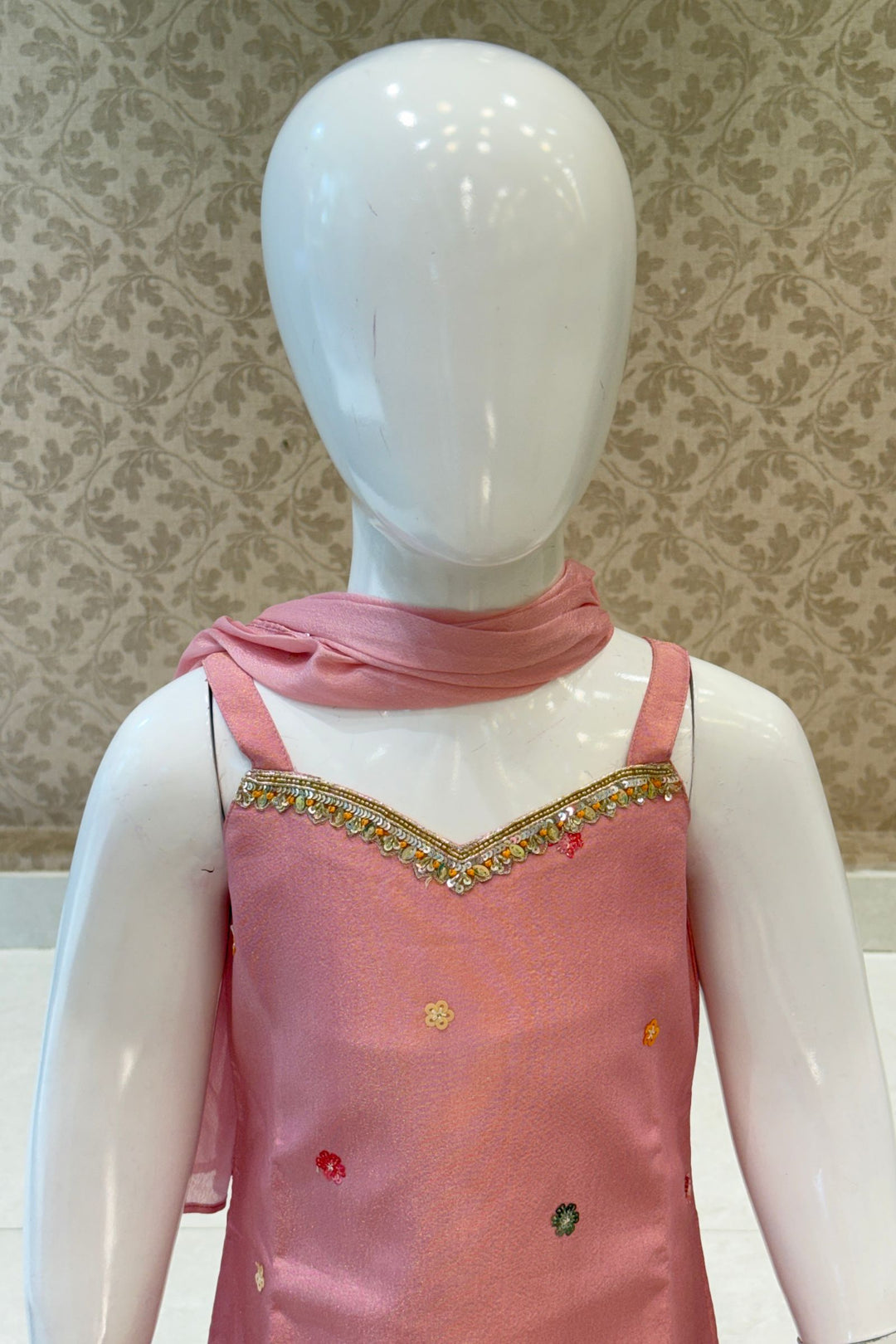 Onion Pink Sequins and Beads work Sharara Suit Set for Girls