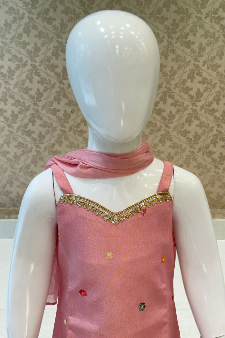 Onion Pink Sequins and Beads work Sharara Suit Set for Girls