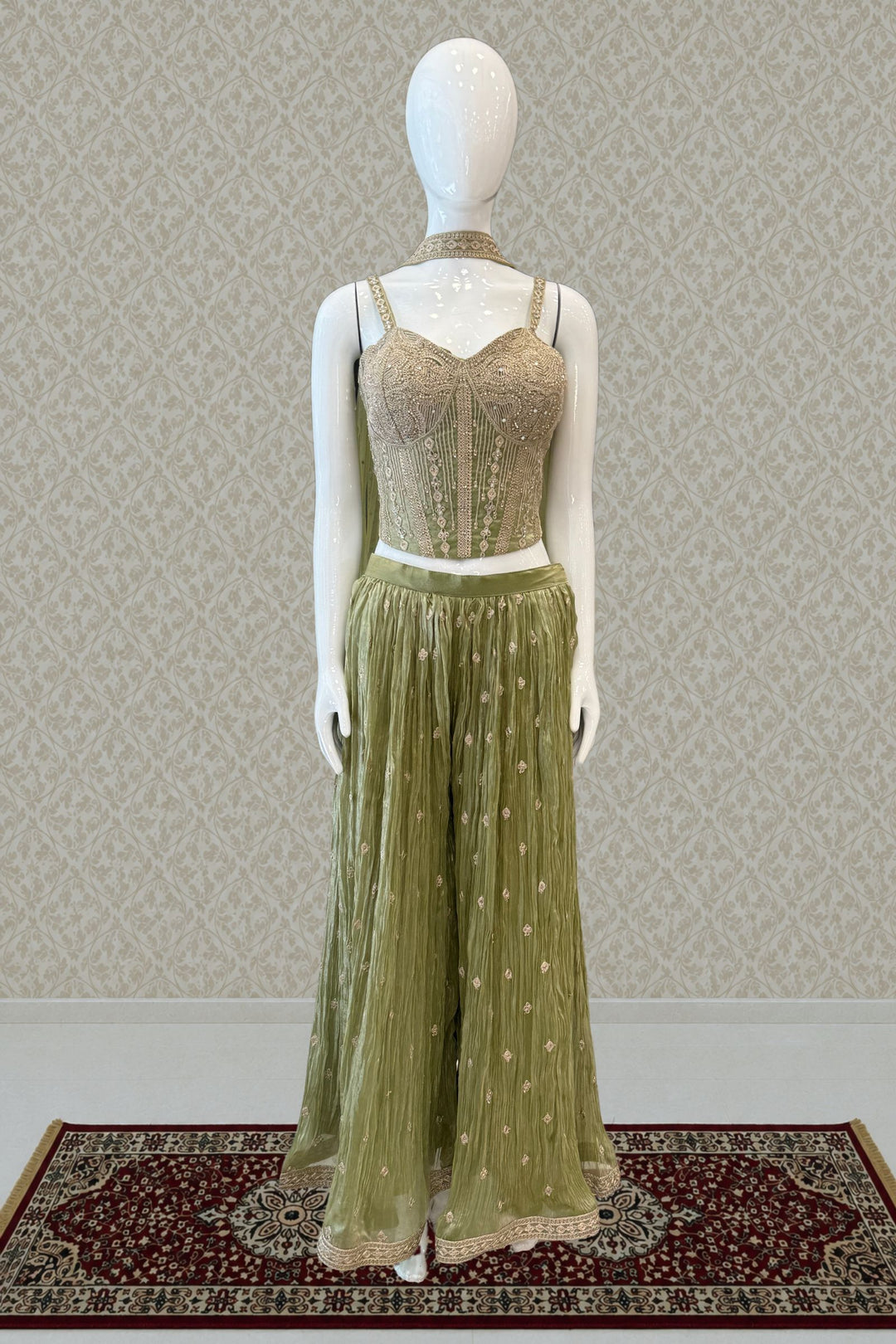 Pista Green Zari Thread, Mirror and Stone work Palazzo Set with Corset Top
