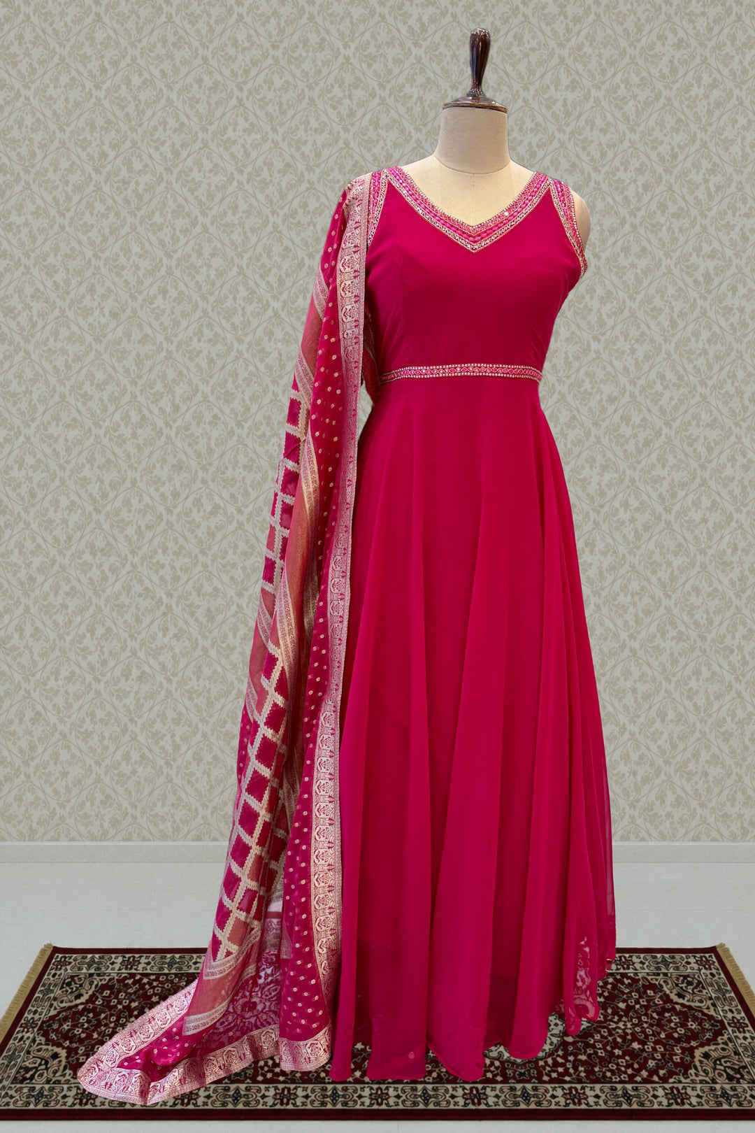 Rani Pink Beads and Sequins work Anarkali Gown with Traditional Banaras work Dupatta