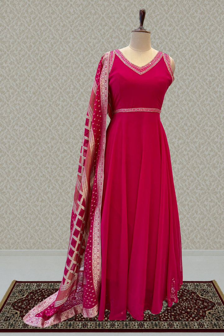 Rani Pink Beads and Sequins work Anarkali Gown with Traditional Banaras work Dupatta