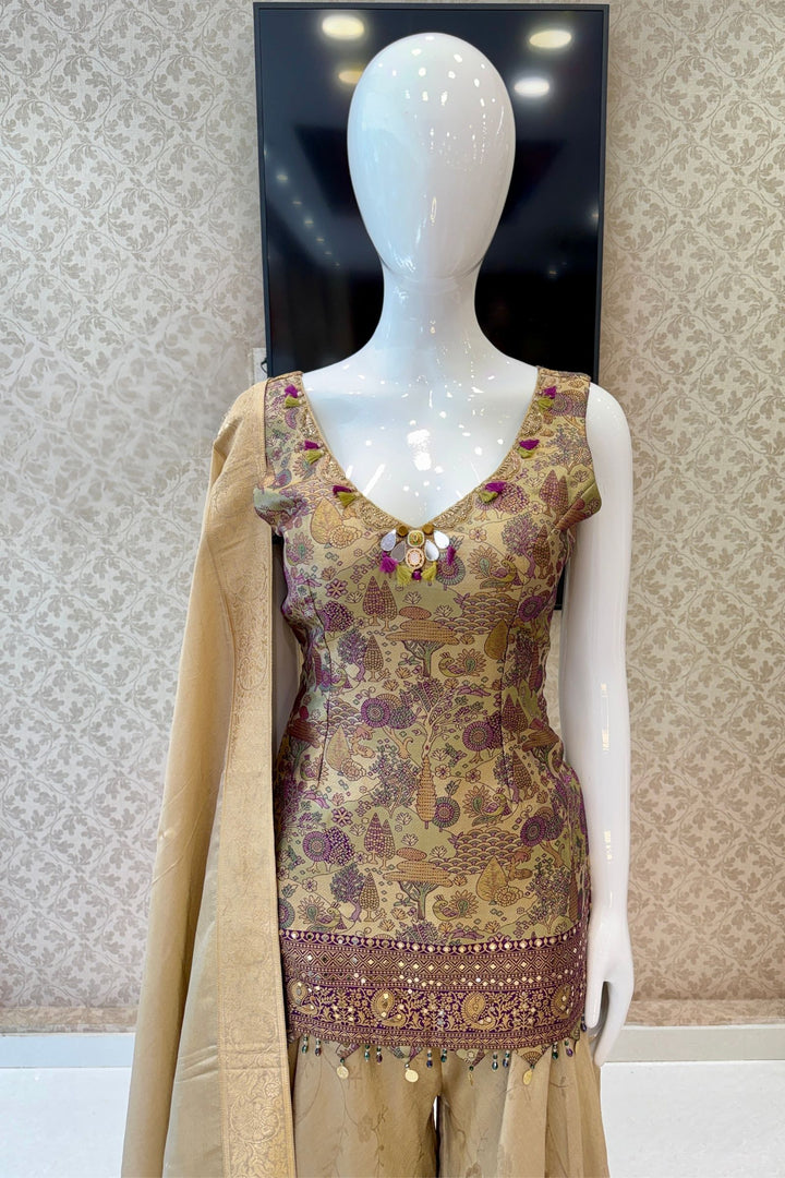 Beige with Purple Banaras work Palazzo Salwar Suit