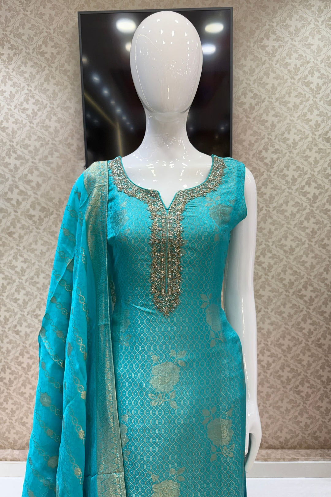 Rama Blue Banaras, Stone, Beads and Zardozi work Straight Cut Salwar Suit