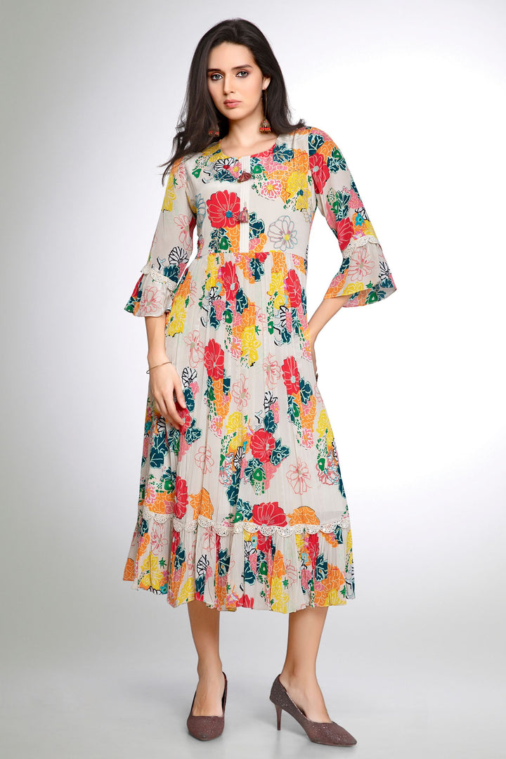 Beige Beads, Thread and Sequins work with Floral Print Anarkali Styled Long Kurti