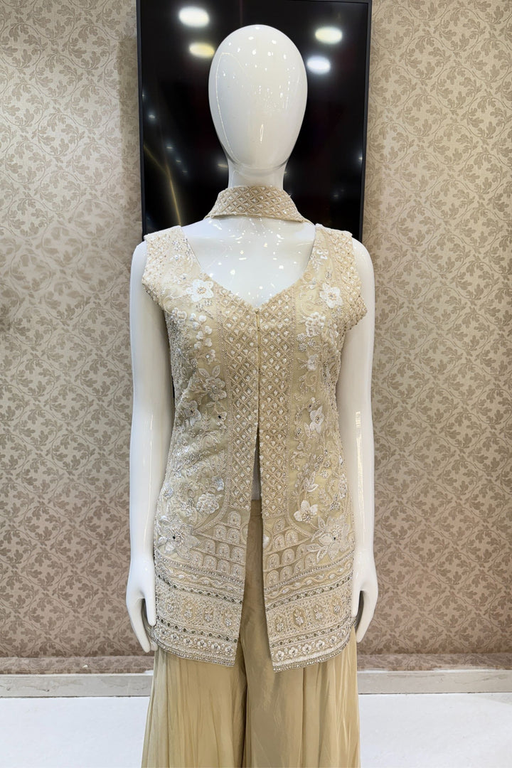 Cream Stone, Zari, Thread, Sequins and Beads work Salwar with Palazzo Pant